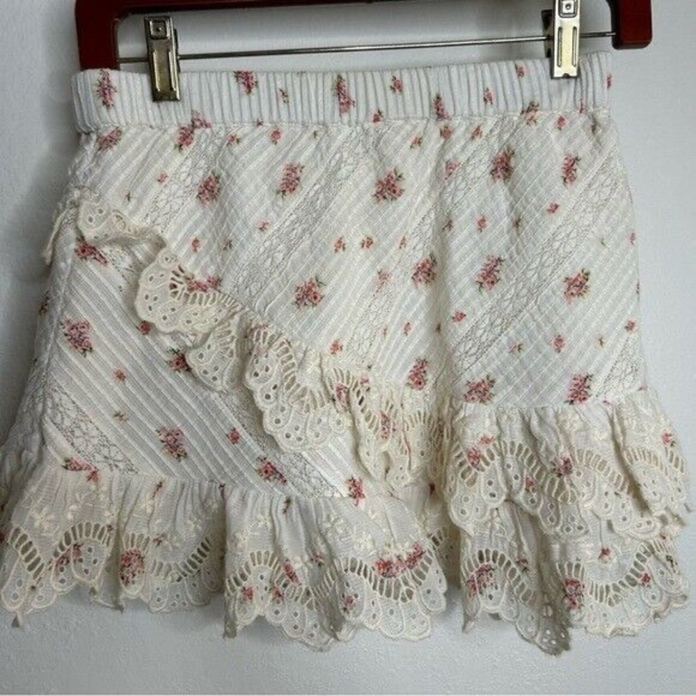 LoveShackFancy Emma Floral Ruffled Skirt in French Cream Combo size small